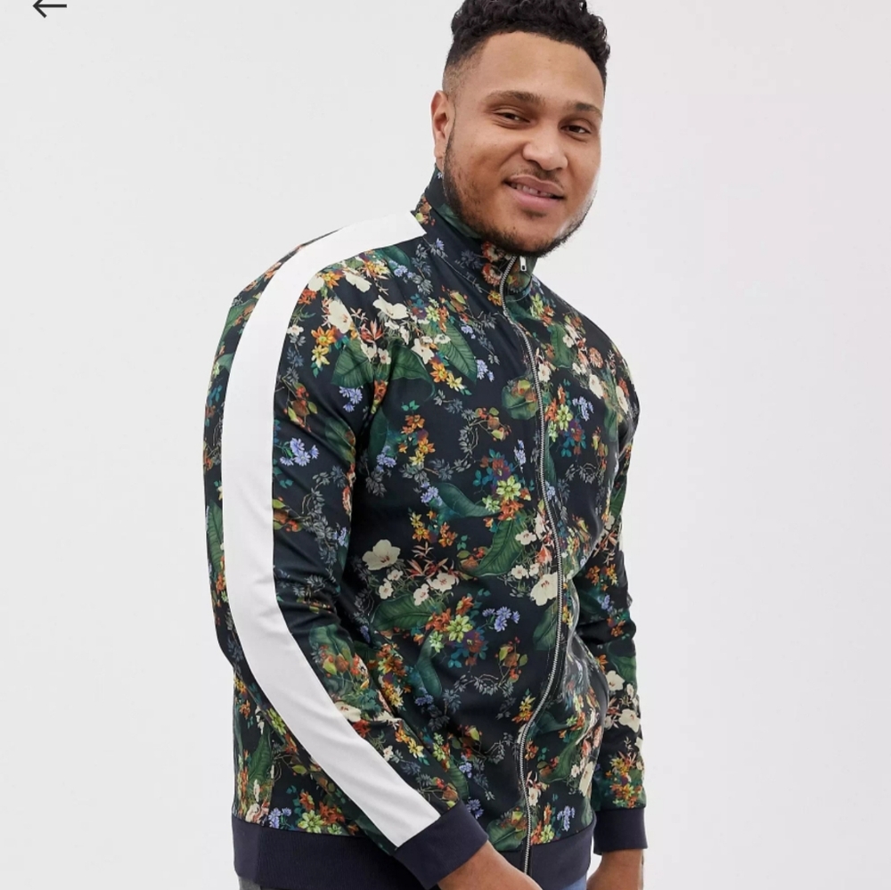 ASOS DESIGN PLUS TRACK JACKET IN RETRO Fbric w/ FLORAL PRINT AND SIDE STRIPE